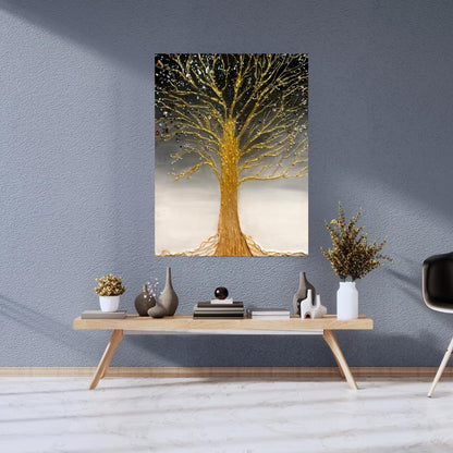 Original mixed media painting on 11x14 inch canvas featuring a golden textured tree with shimmering accents on a black and silver gradient background.