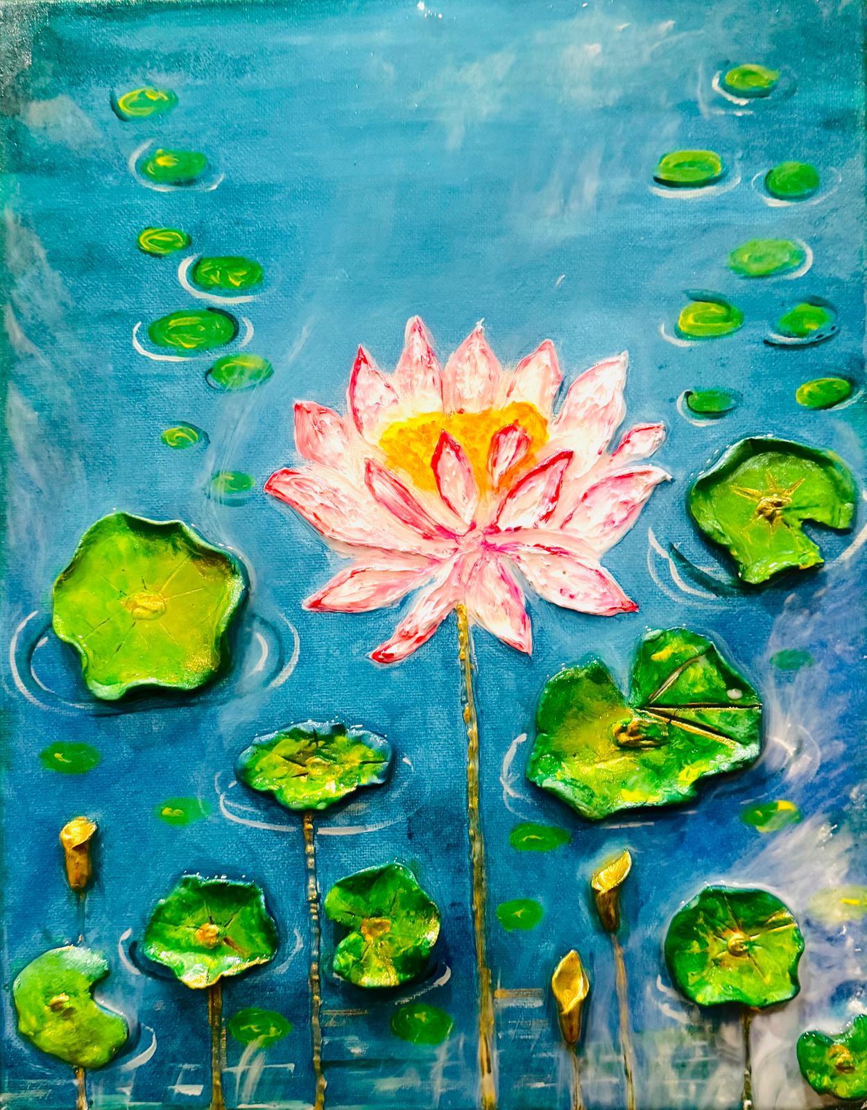 Handcrafted 3D lotus flower painting featuring a pink lotus bloom, raised green lily pads, and a glossy resin finish on a blue water background, 11x14 inches.