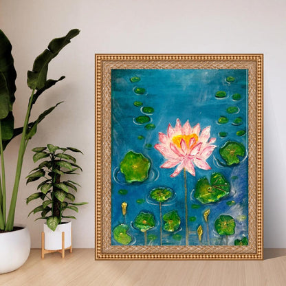 Handcrafted 3D lotus flower painting featuring a pink lotus bloom, raised green lily pads, and a glossy resin finish on a blue water background, 11x14 inches.