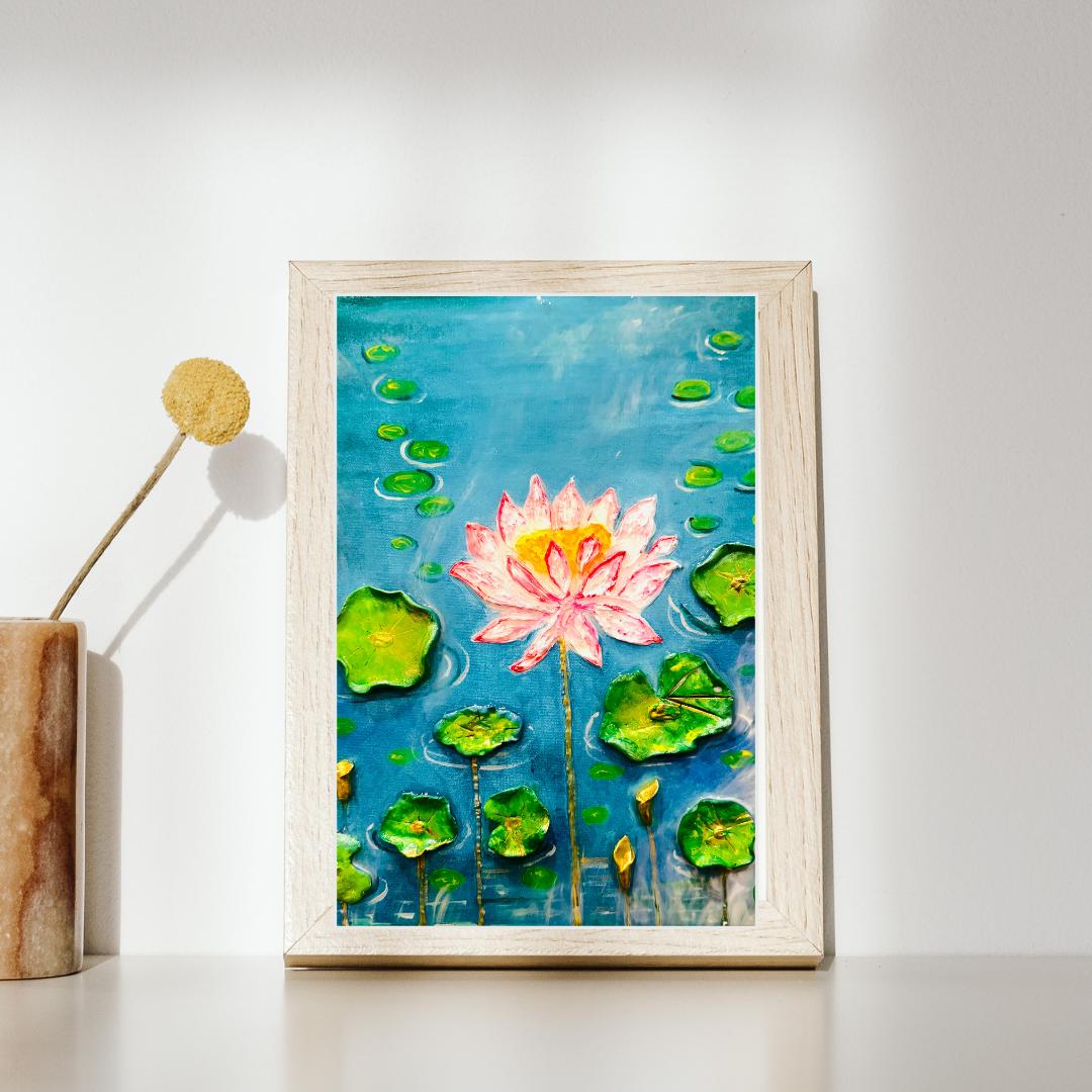 Handcrafted 3D lotus flower painting featuring a pink lotus bloom, raised green lily pads, and a glossy resin finish on a blue water background, 11x14 inches.