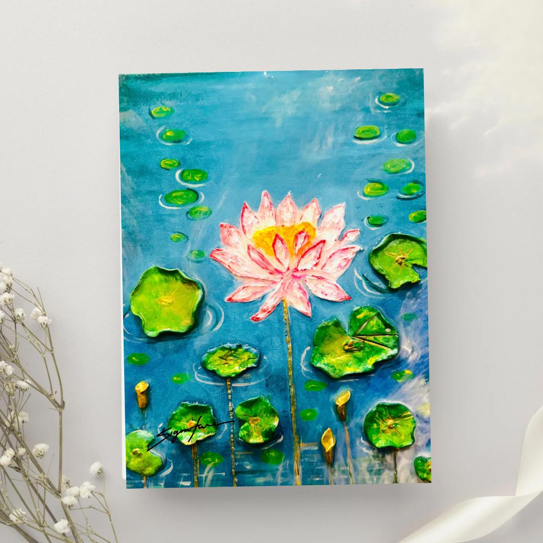 Handcrafted 3D lotus flower painting featuring a pink lotus bloom, raised green lily pads, and a glossy resin finish on a blue water background, 11x14 inches.