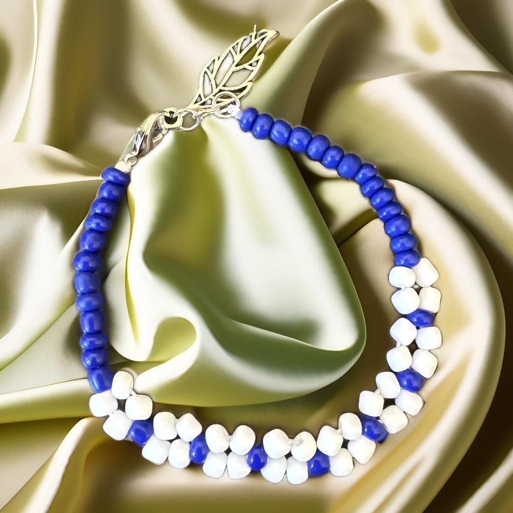 Blue and White Beaded Bracelet with Leaf Charm