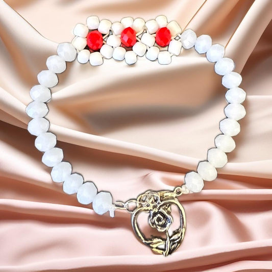 White and Red Beaded Bracelet with Rose Heart Charm