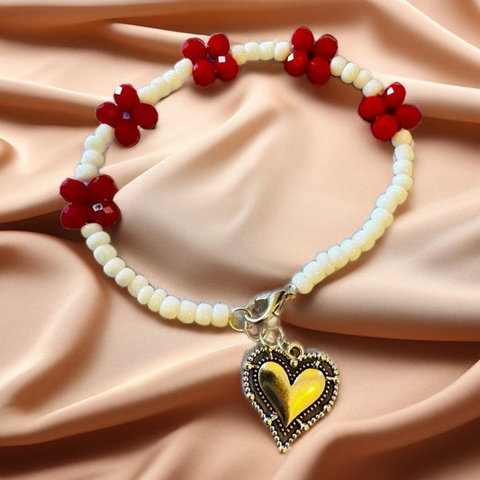 "Red Floral Heart Charm Bracelet"