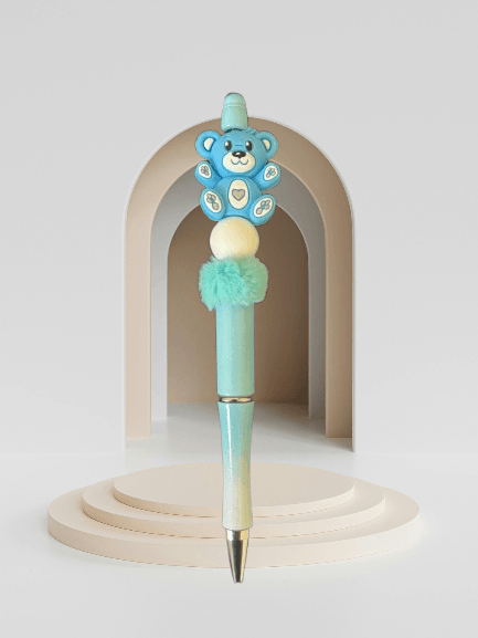 Blue Bear Hugs Pen – Cute Teddy Bear Pen with Pom-Pom and Aqua Design