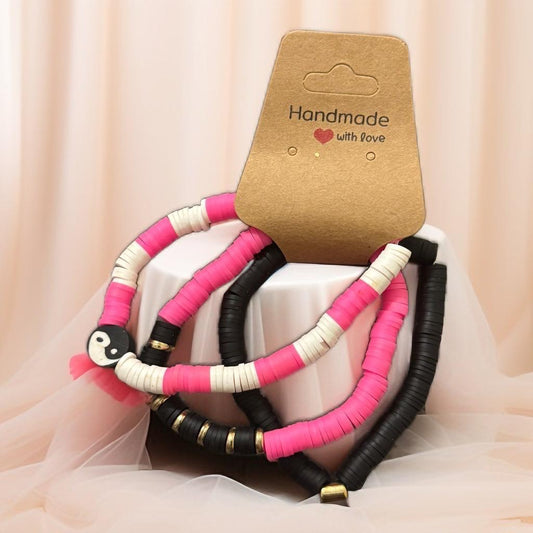 Harmony Handmade Bracelet Set – Pink, White & Black