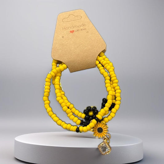 Handmade Sunflower Beaded Bracelets - Yellow & Black Charm Set | Cheerful & Elegant