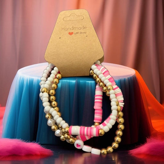 Handmade Golden Pearl Beaded Bracelets - Elegant Pink & White Set