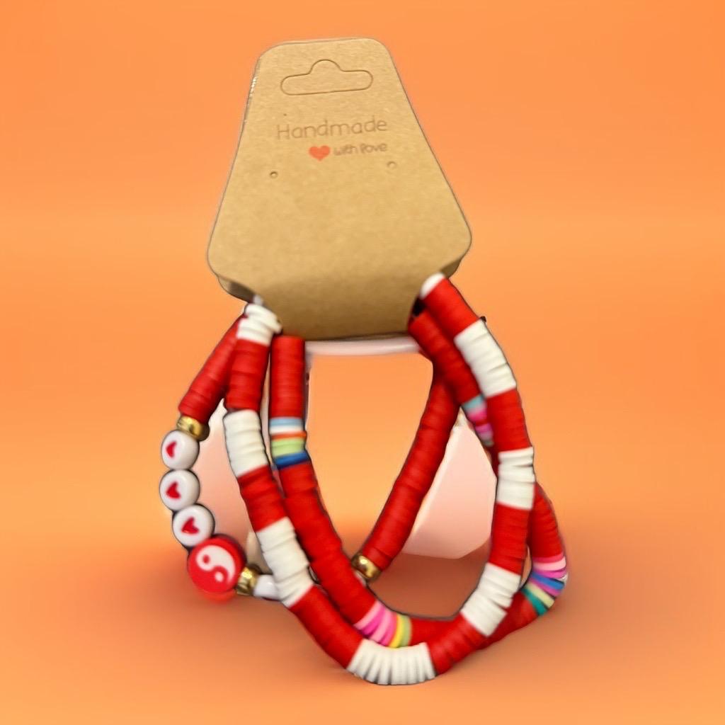 Handmade Vibrant Red Beaded Bracelets - Love & Yin Yang Set