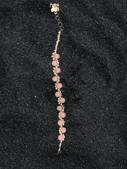 Blush Elegance Bracelet – Soft Pink & Gold Beaded Jewelry with Baby Carriage Charm