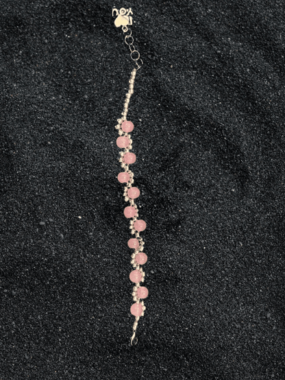 Blush Elegance Bracelet – Soft Pink & Gold Beaded Jewelry with Baby Carriage Charm