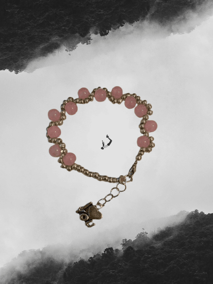Blush Elegance Bracelet – Soft Pink & Gold Beaded Jewelry with Baby Carriage Charm