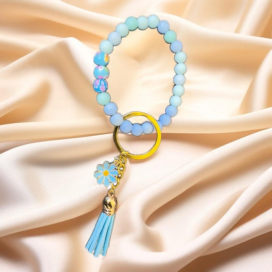 Pastel Beaded Keychain Bracelet with Daisy Charm and Tassel