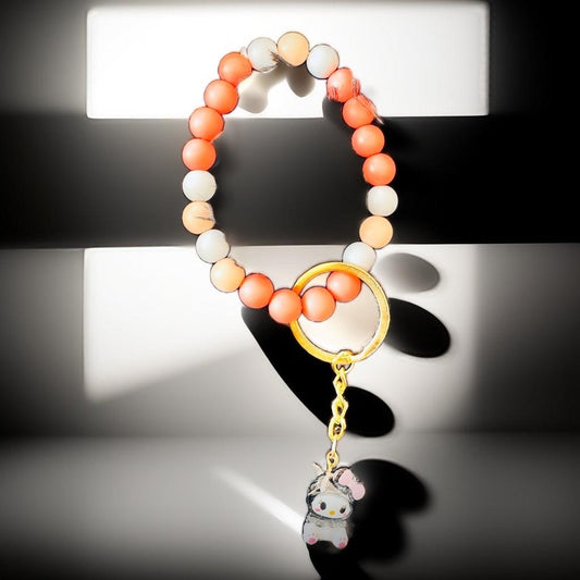 Coral and Marble Beaded Keychain Bracelet with Adorable Charm