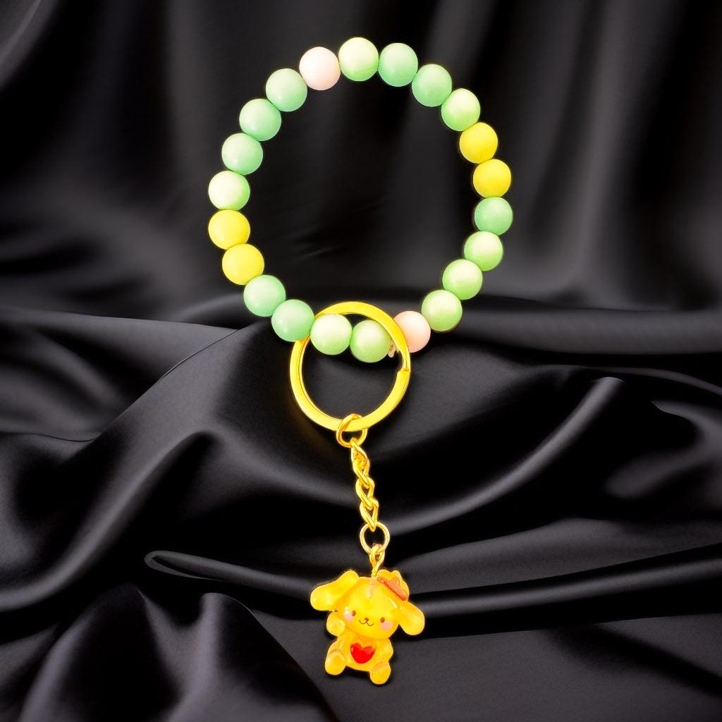 Green and Yellow Beaded Keychain Bracelet with Cute Puppy Charm