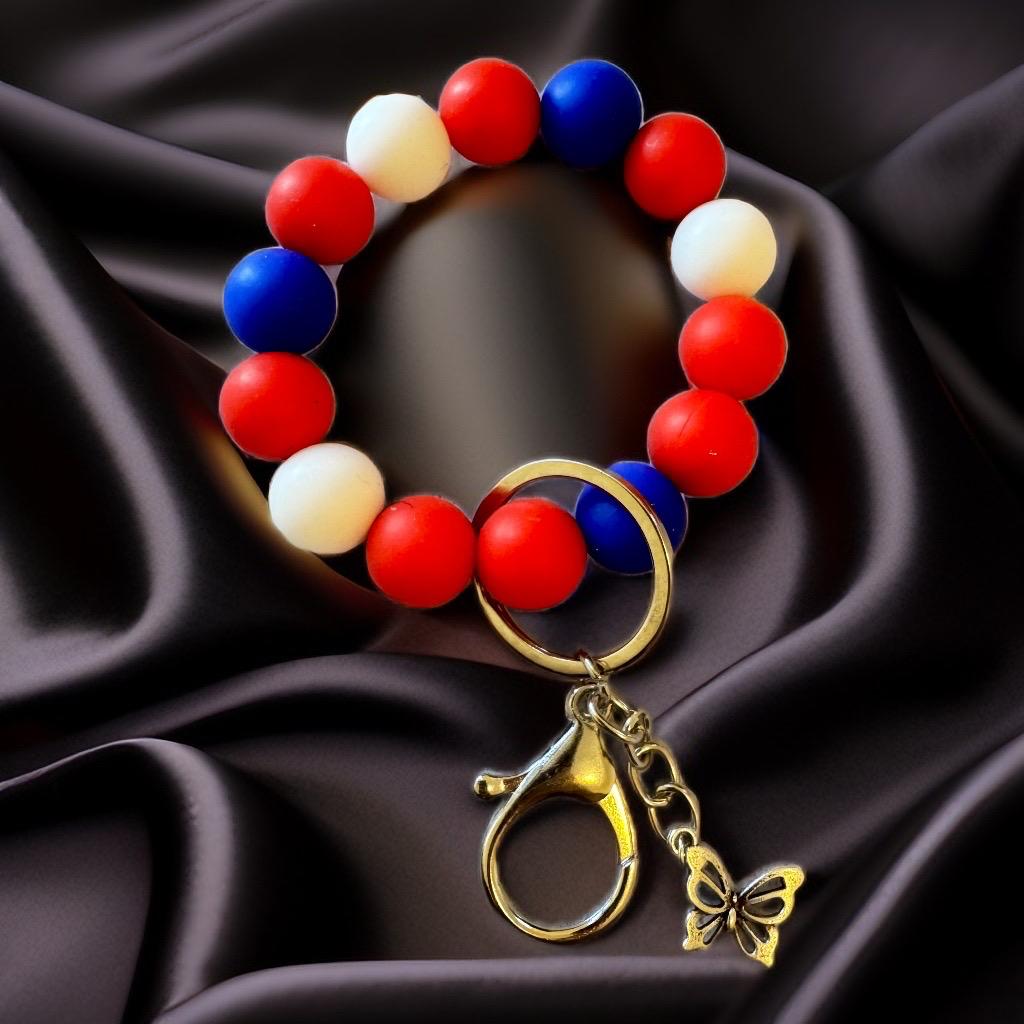 Patriotic Red, White, and Blue Beaded Bracelet Keychain with Butterfly Charm