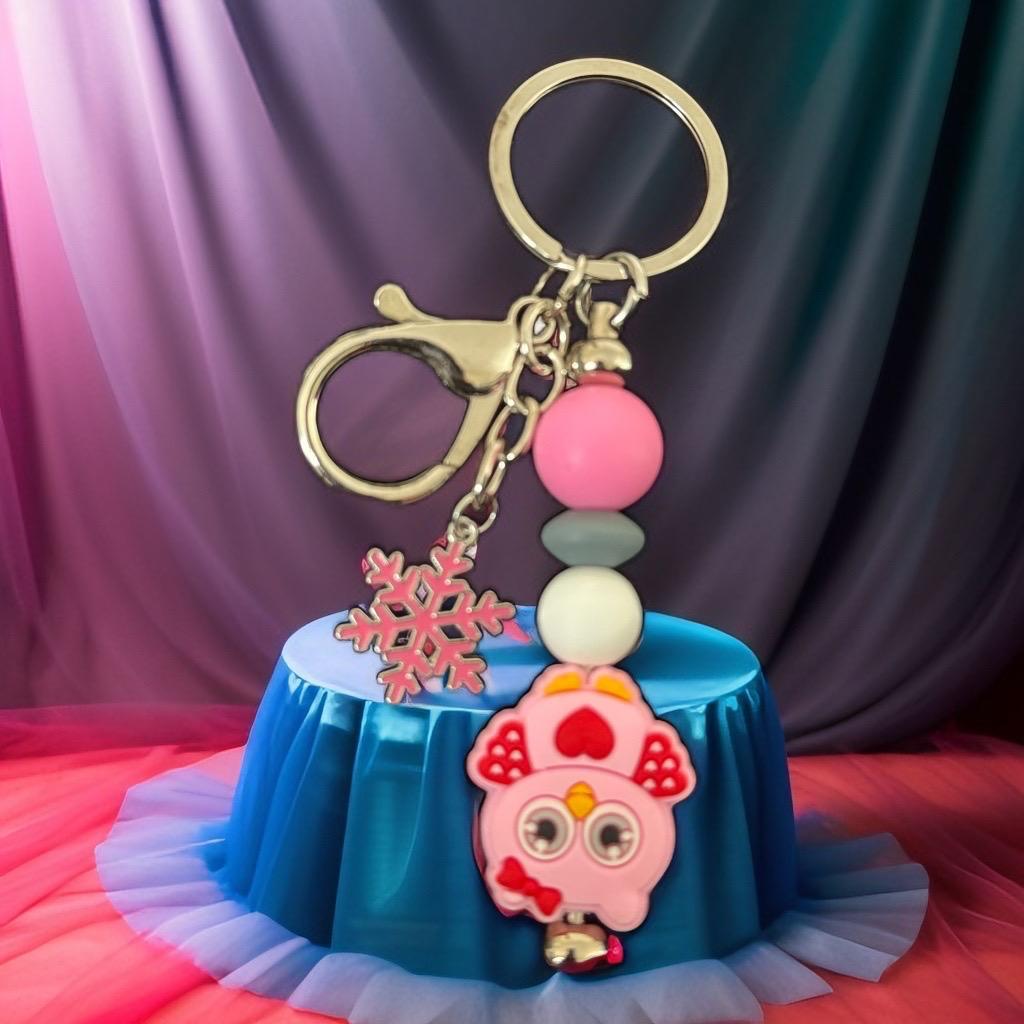 "Cute Owl & Snowflake Charm Beaded Keychain – Handmade Pastel Accessory"
