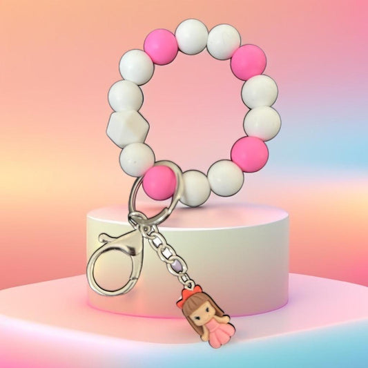 Handmade Beaded Bracelet Keychain with Cute Doll Charm – Pink & White Aesthetic"