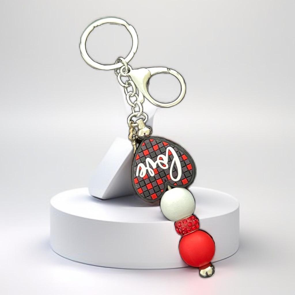 "Handmade Love-Themed Beaded Keychain – Red & Black Plaid Heart Charm"