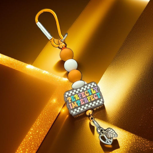 "Handmade ‘Perfectly Imperfect’ Beaded Keychain – Inspirational Charm & Gold Accent"