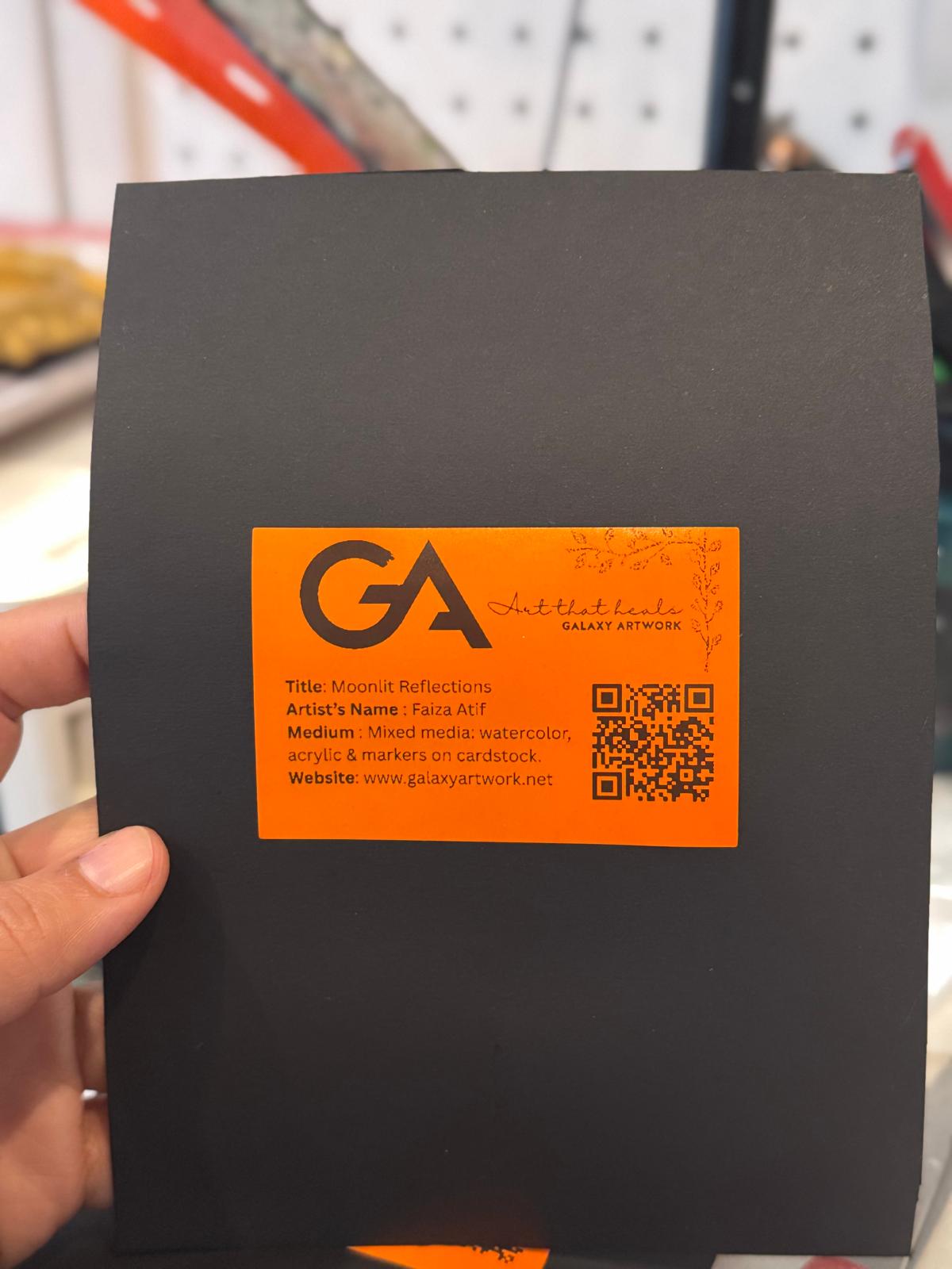 Moonlit Reflections framed painting – moonlit cottage by water with birds and tree in ornate golden frame.