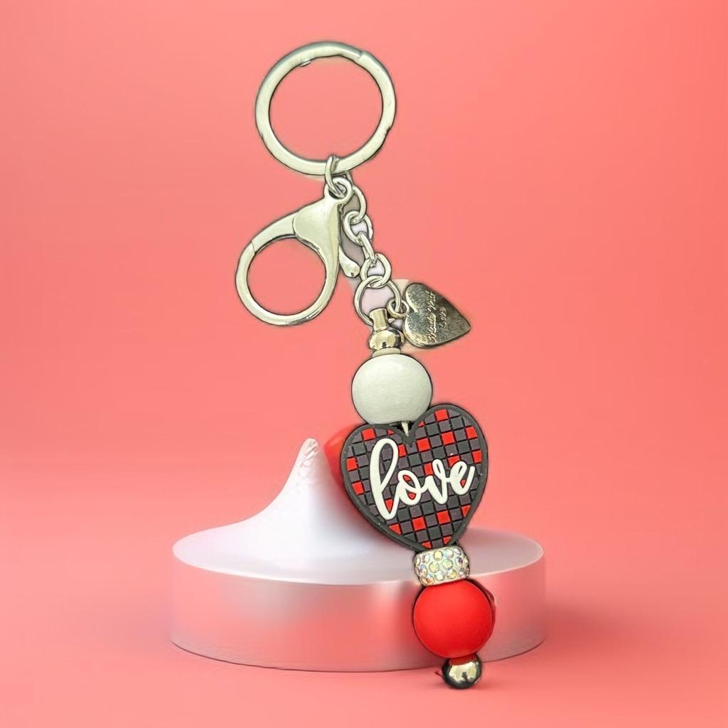 "Handmade Love Heart Keychain – Red & Black Plaid Valentine’s Gift"