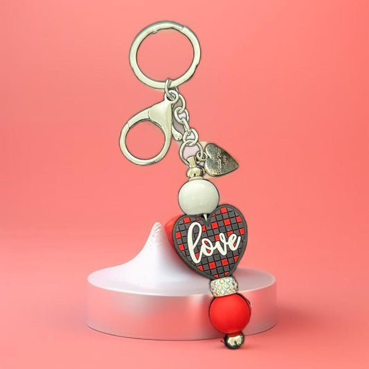 "Handmade Love Heart Keychain – Red & Black Plaid Valentine’s Gift"