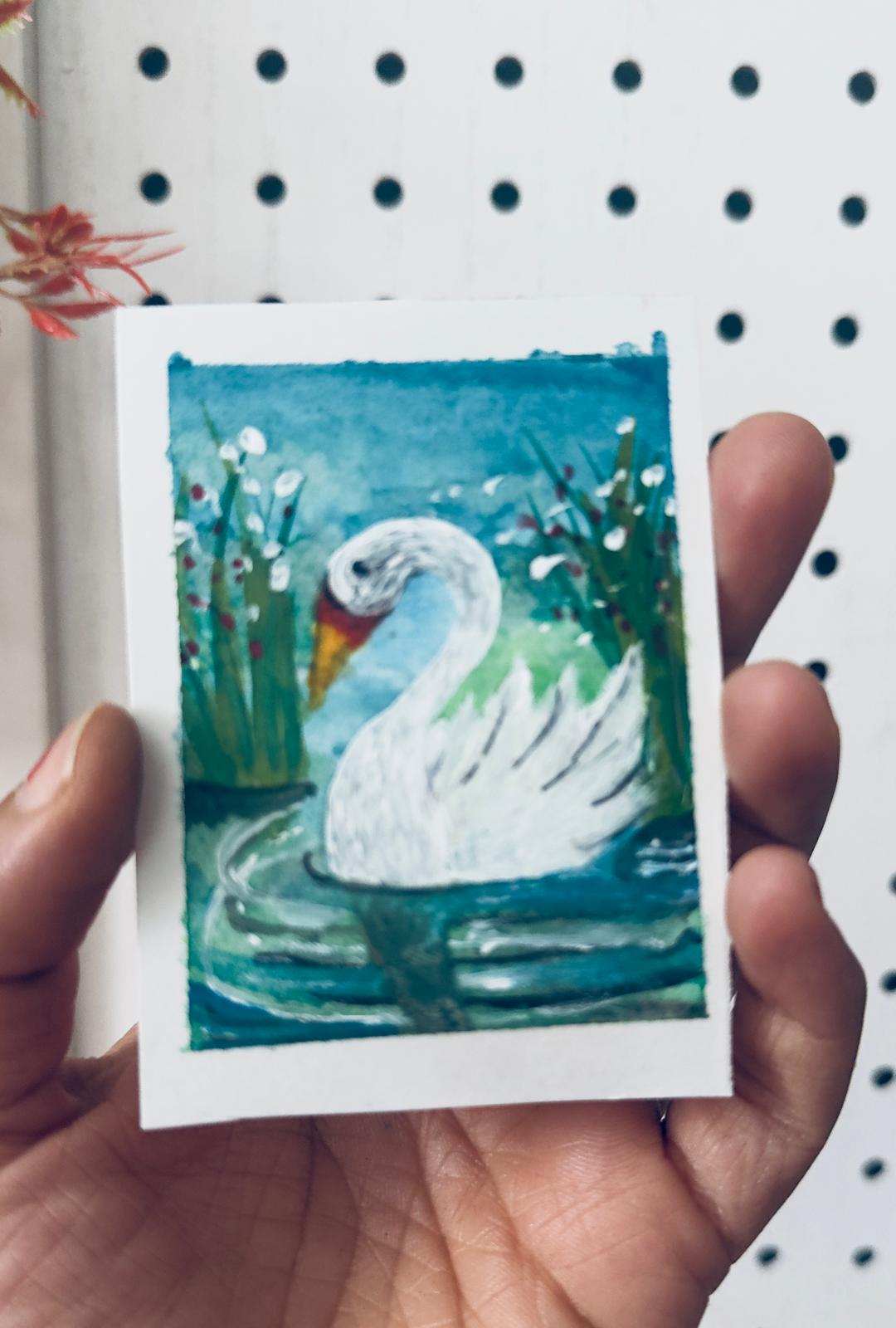 Hand-painted ACEO mini art card of a white swan gliding across blue-green water with reeds and flowers in the background.