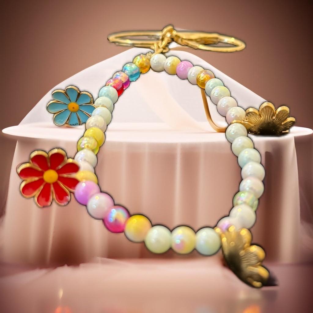 Rainbow Bloom Keychain Bracelet - Floral Charm & Pastel Beads