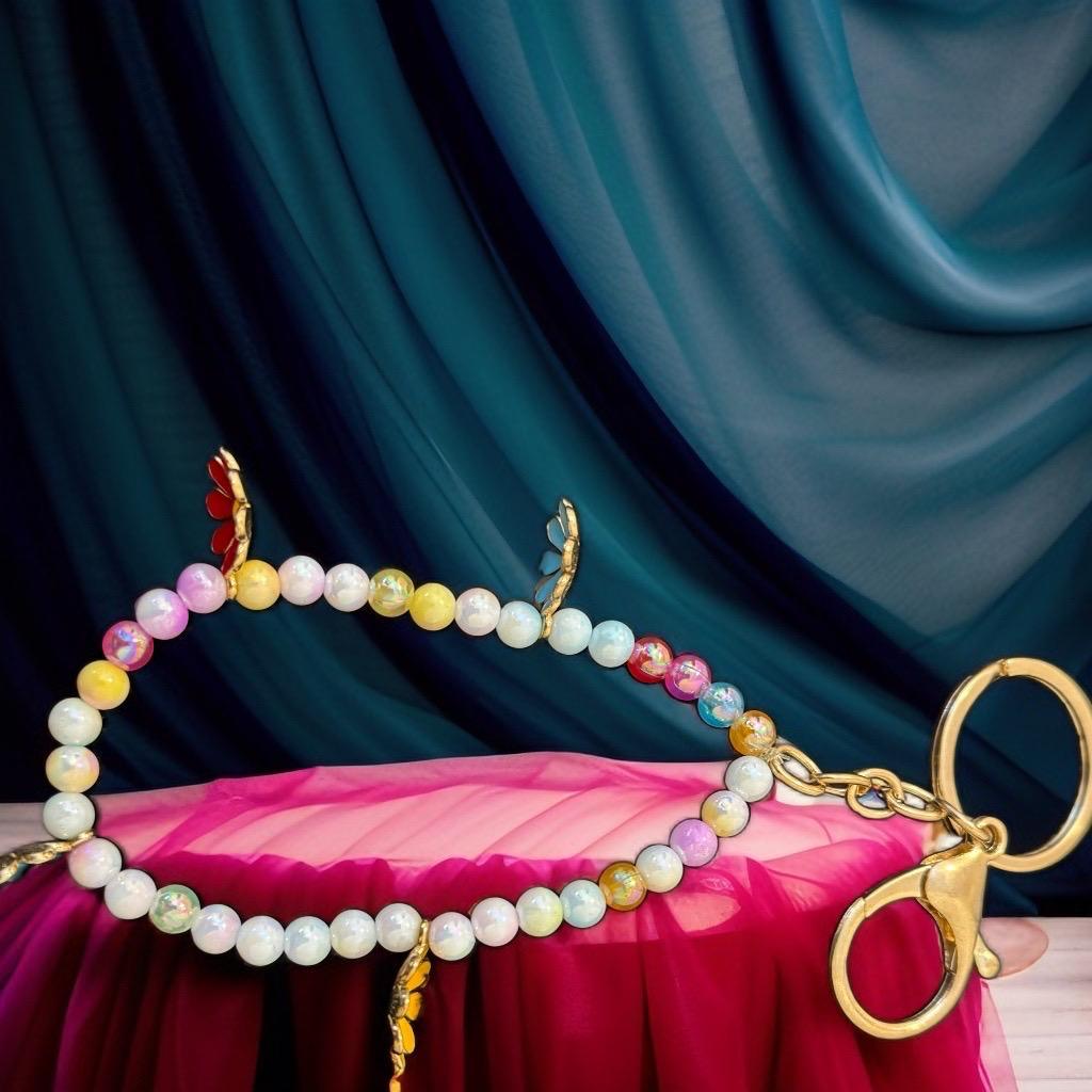 Rainbow Bloom Keychain Bracelet - Floral Charm & Pastel Beads