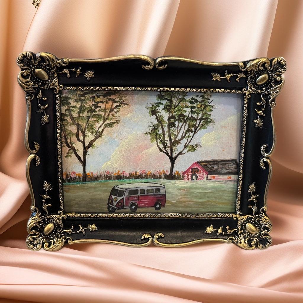 Handmade artwork Vintage Journey Home – nostalgic countryside with classic van, rustic barn, and soft sunset sky in vintage-style frame.