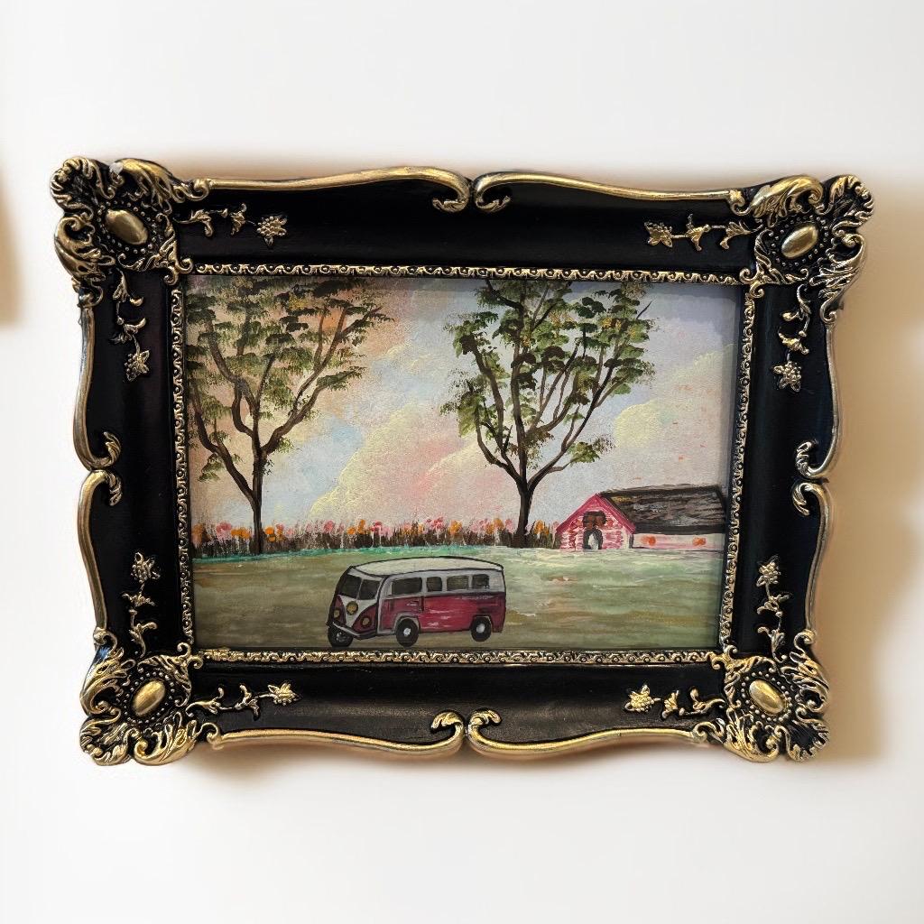 Original mixed media painting of a vintage van traveling through countryside with trees and barn, set in decorative black and gold frame.