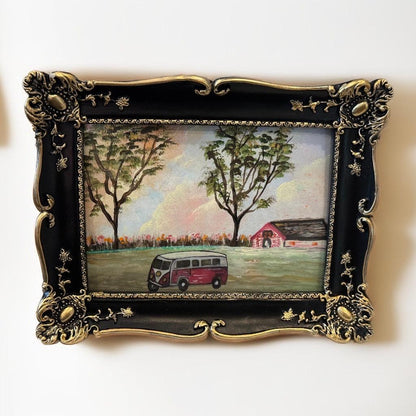 Original mixed media painting of a vintage van traveling through countryside with trees and barn, set in decorative black and gold frame.