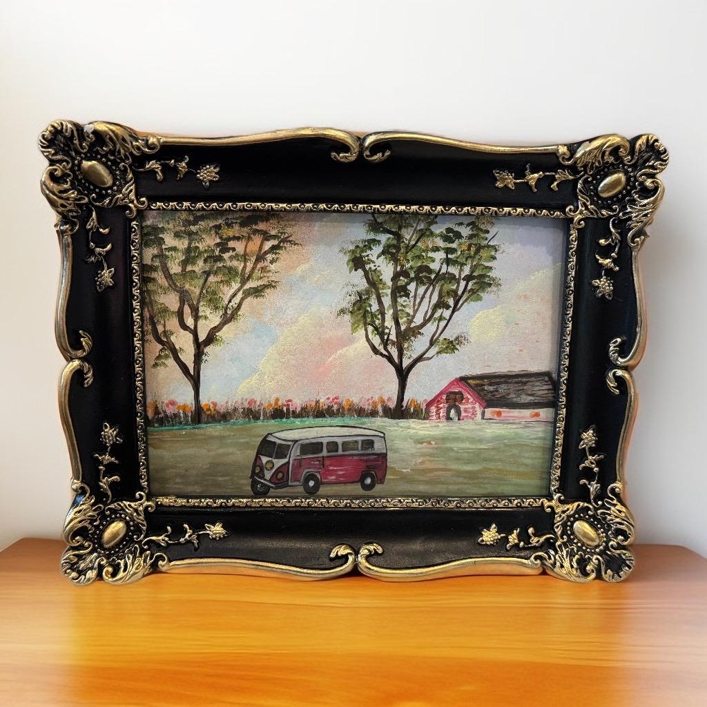 Handmade artwork Vintage Journey Home – nostalgic countryside with classic van, rustic barn, and soft sunset sky in vintage-style frame.