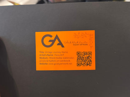 Handmade artwork Vintage Journey Home – nostalgic countryside with classic van, rustic barn, and soft sunset sky in vintage-style frame.