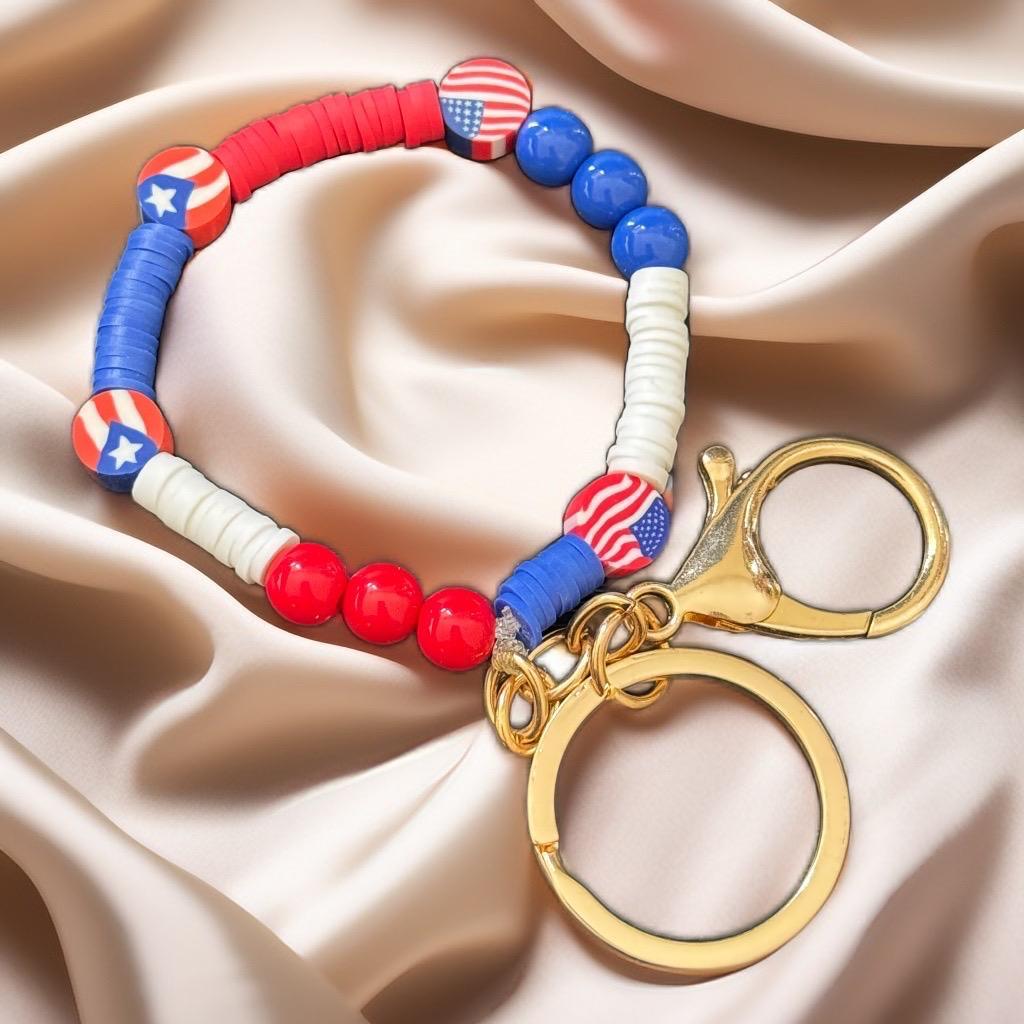 USA Flag Beaded Wristlet Keychain – Red, White & Blue Silicone Beads with Gold Hardware