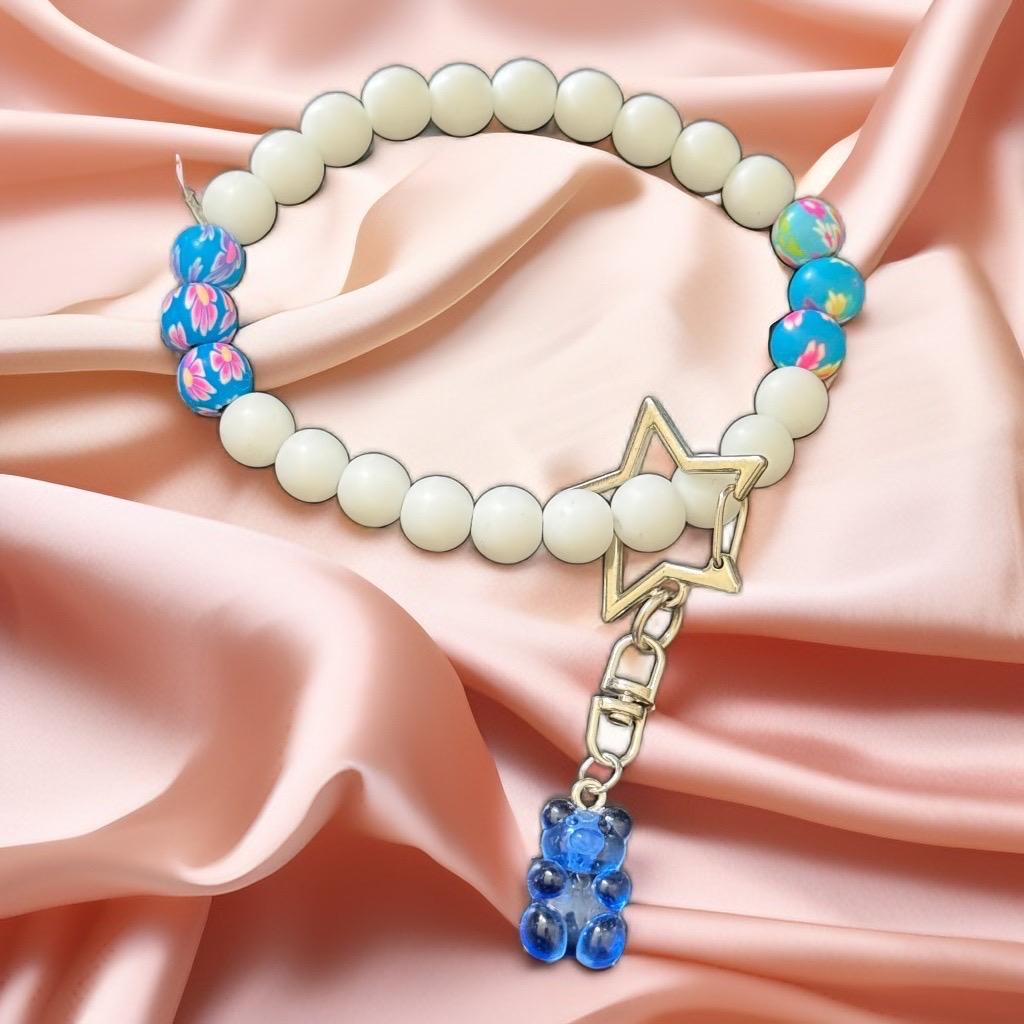 Floral Beaded Wristlet Keychain with Star Charm & Blue Gummy Bear Pendant