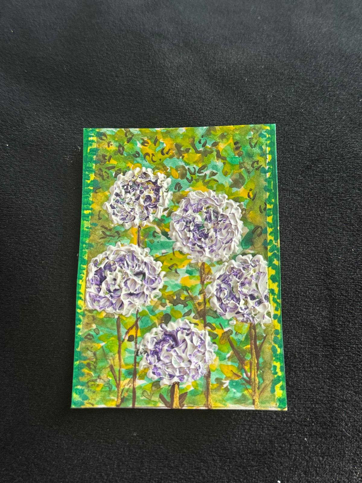 Hand-painted ACEO card of purple hydrangea blooms with green leafy background.