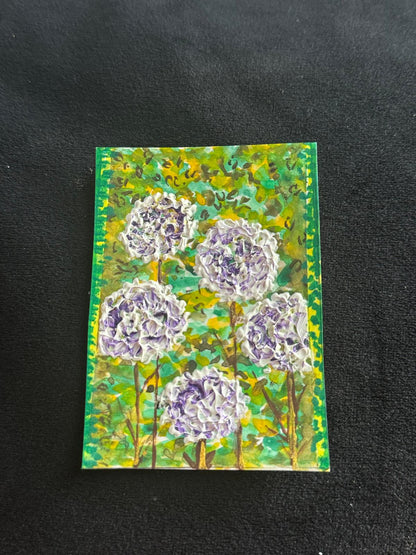 Hand-painted ACEO card of purple hydrangea blooms with green leafy background.