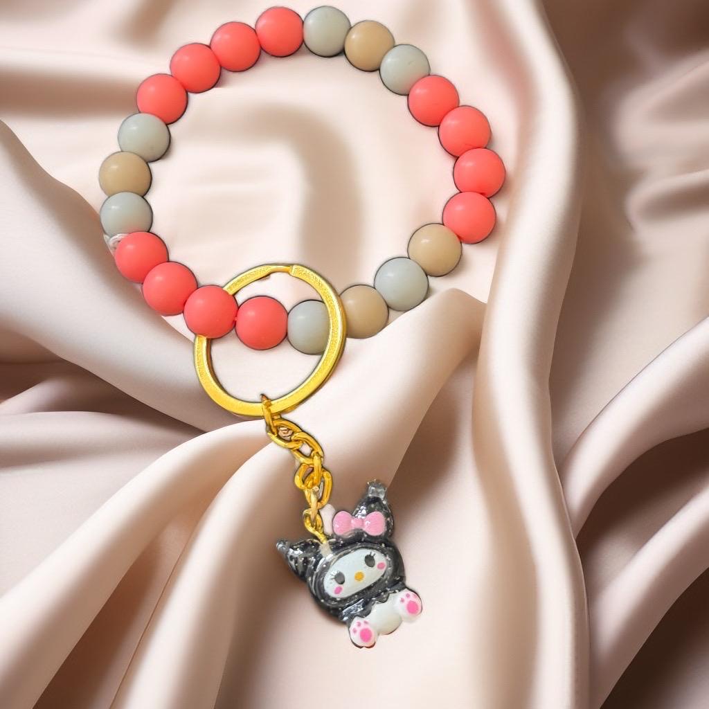 Kawaii Kuromi Wristlet Keychain – Pink & Beige Beads with Cute Cartoon Charm
