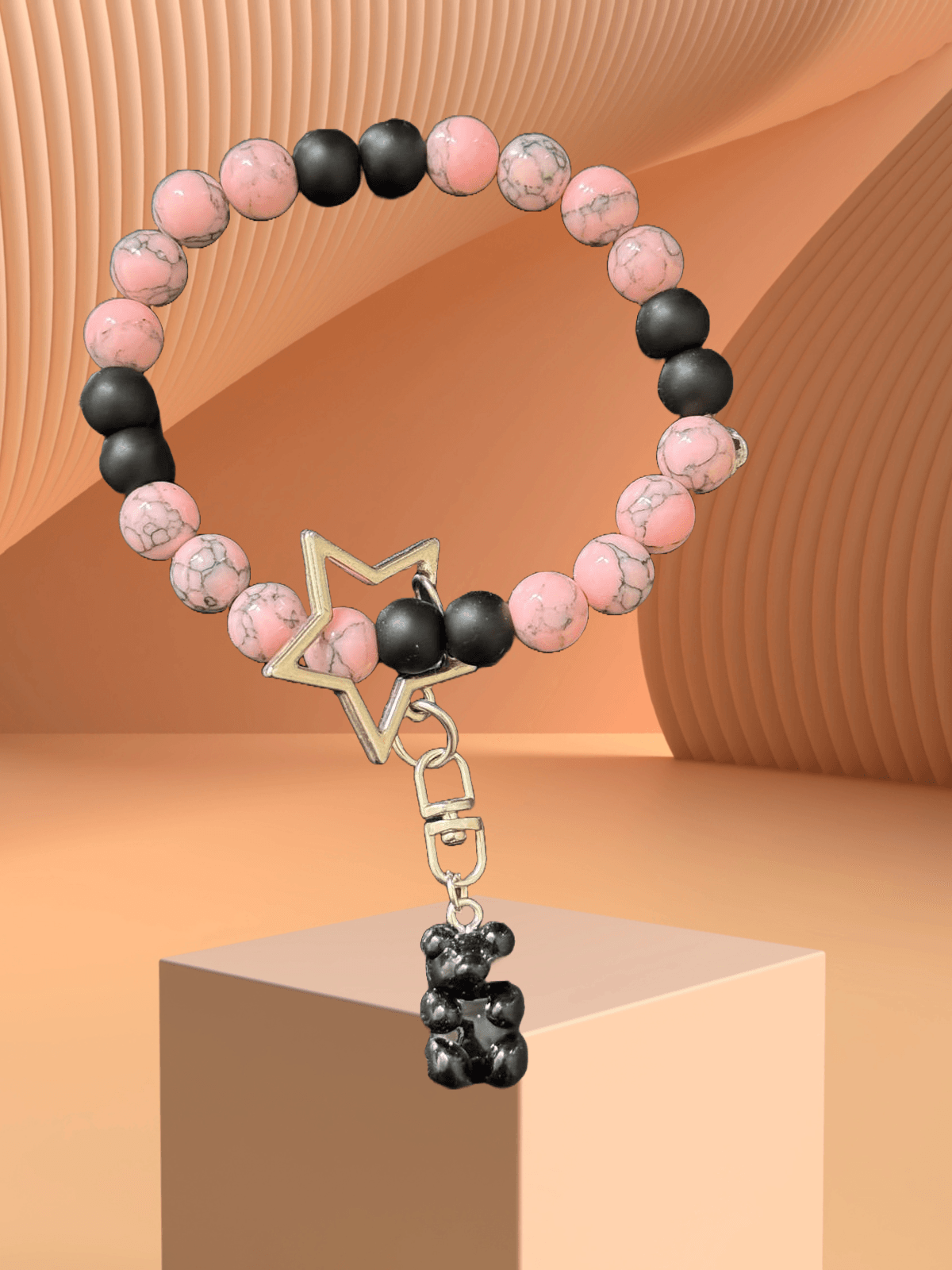 Midnight Rose Keychain – Handmade Pink & Black Beaded Charm with Star and Gummy Bear