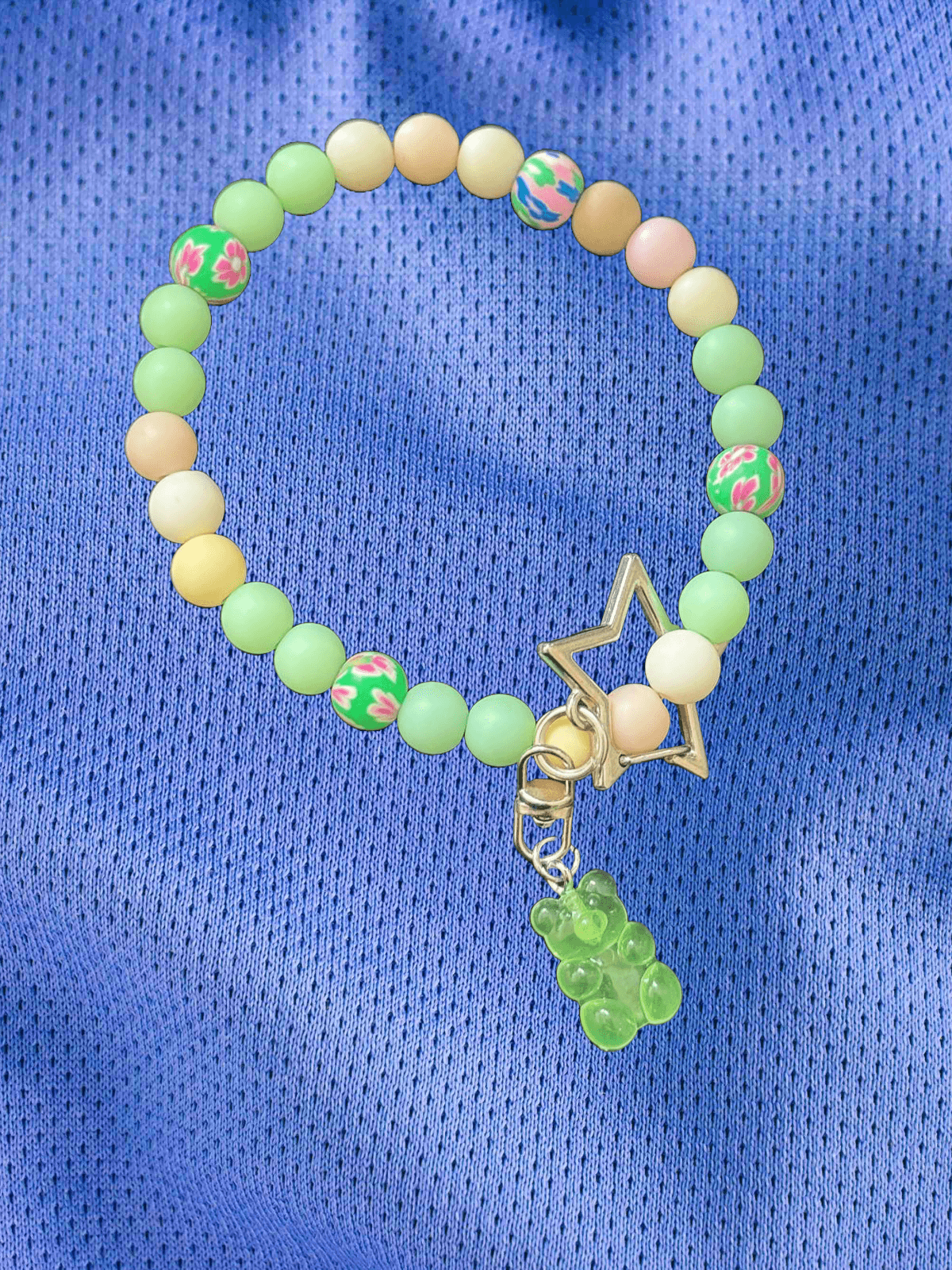 Minty Meadow Beaded Keychain – Pastel Green Wristlet with Floral Beads, Star Charm & Gummy Bear Pendant