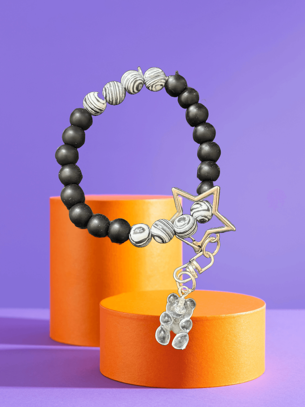 Monochrome Luxe Keychain – Black & White Beads with Star & Gummy Bear Charm