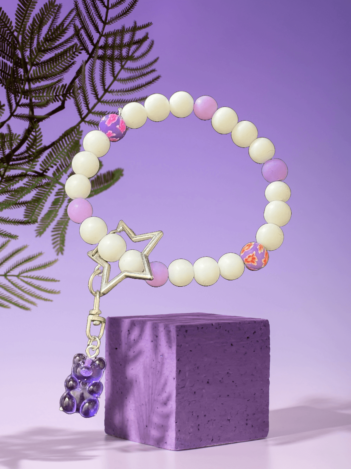 Lavender Dream Keychain – Ivory & Pastel Purple Beads with Gummy Bear Charm