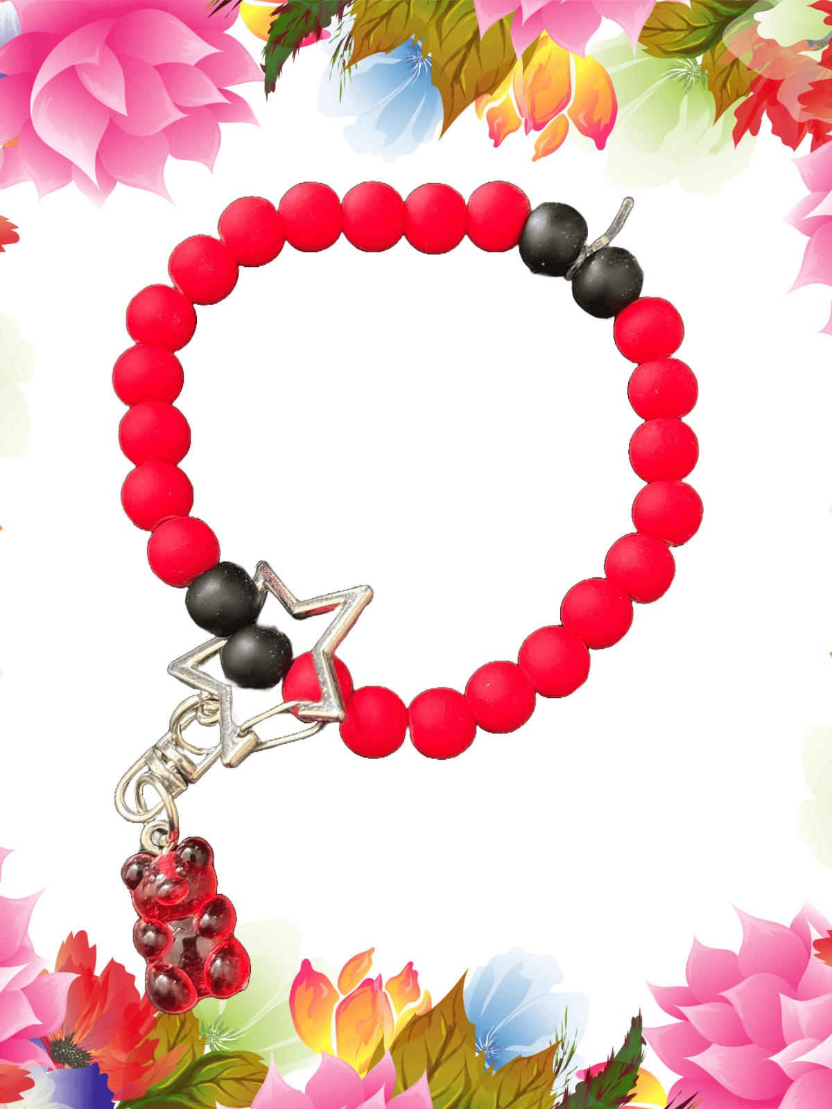 Crimson Charm Keychain – Red & Black Beads with Star & Gummy Bear Pendant