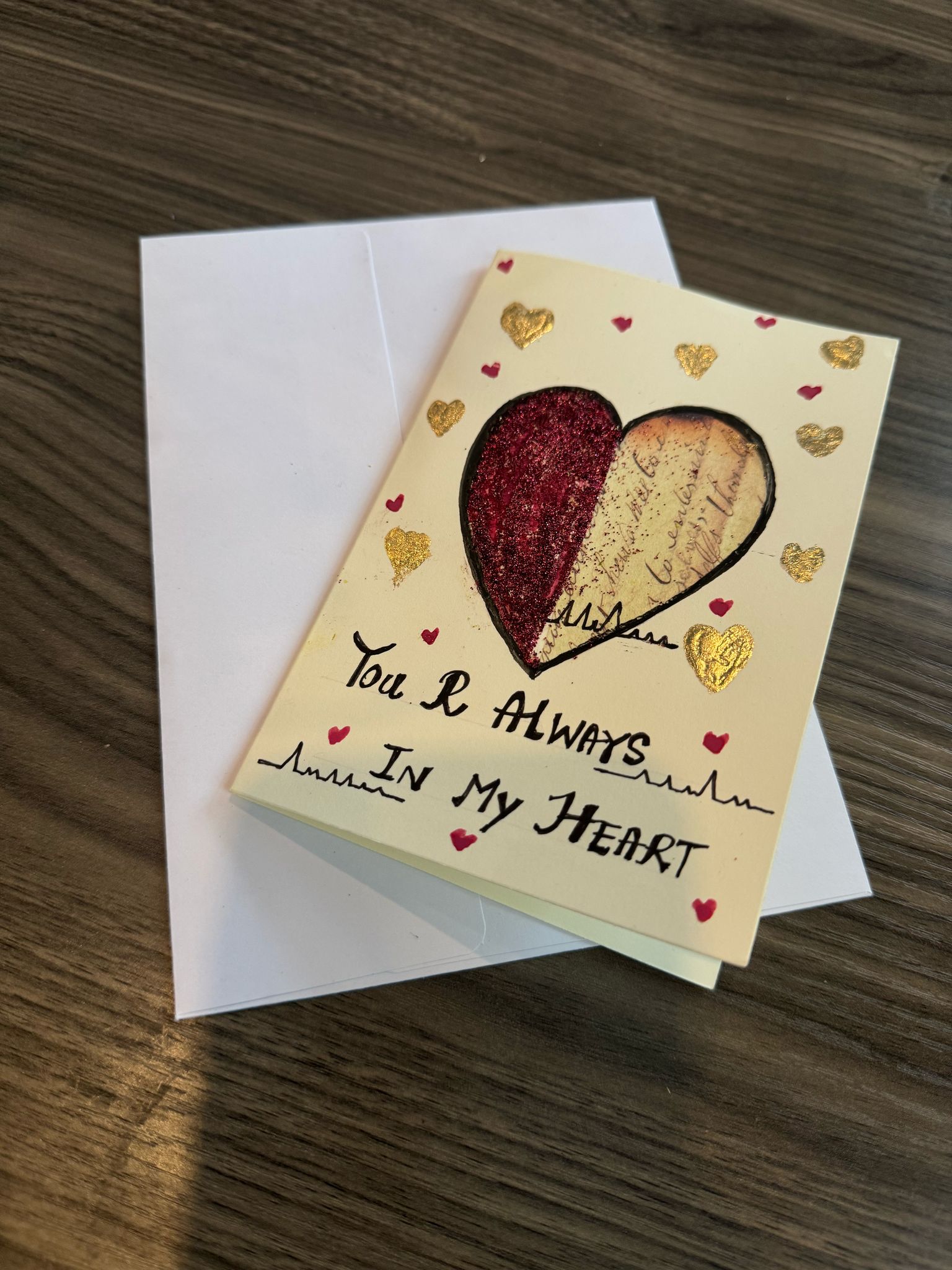 Greeting card with heart design and text .