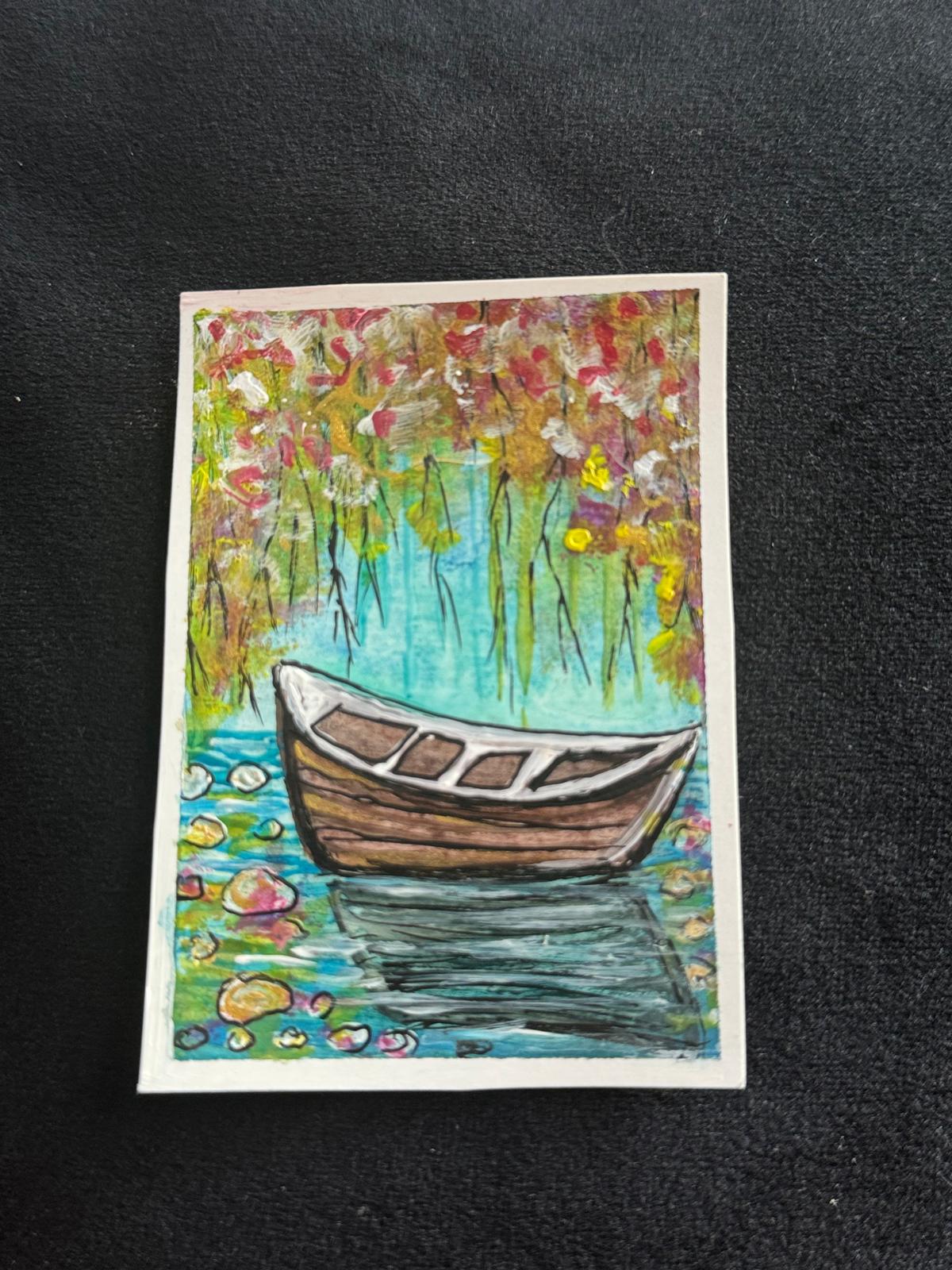Colorful illustration of a boat on water with flowers 