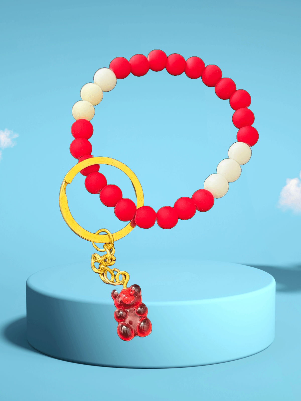 Cherry Bliss Beaded Keychain – Red & White Gummy Bear Wristlet