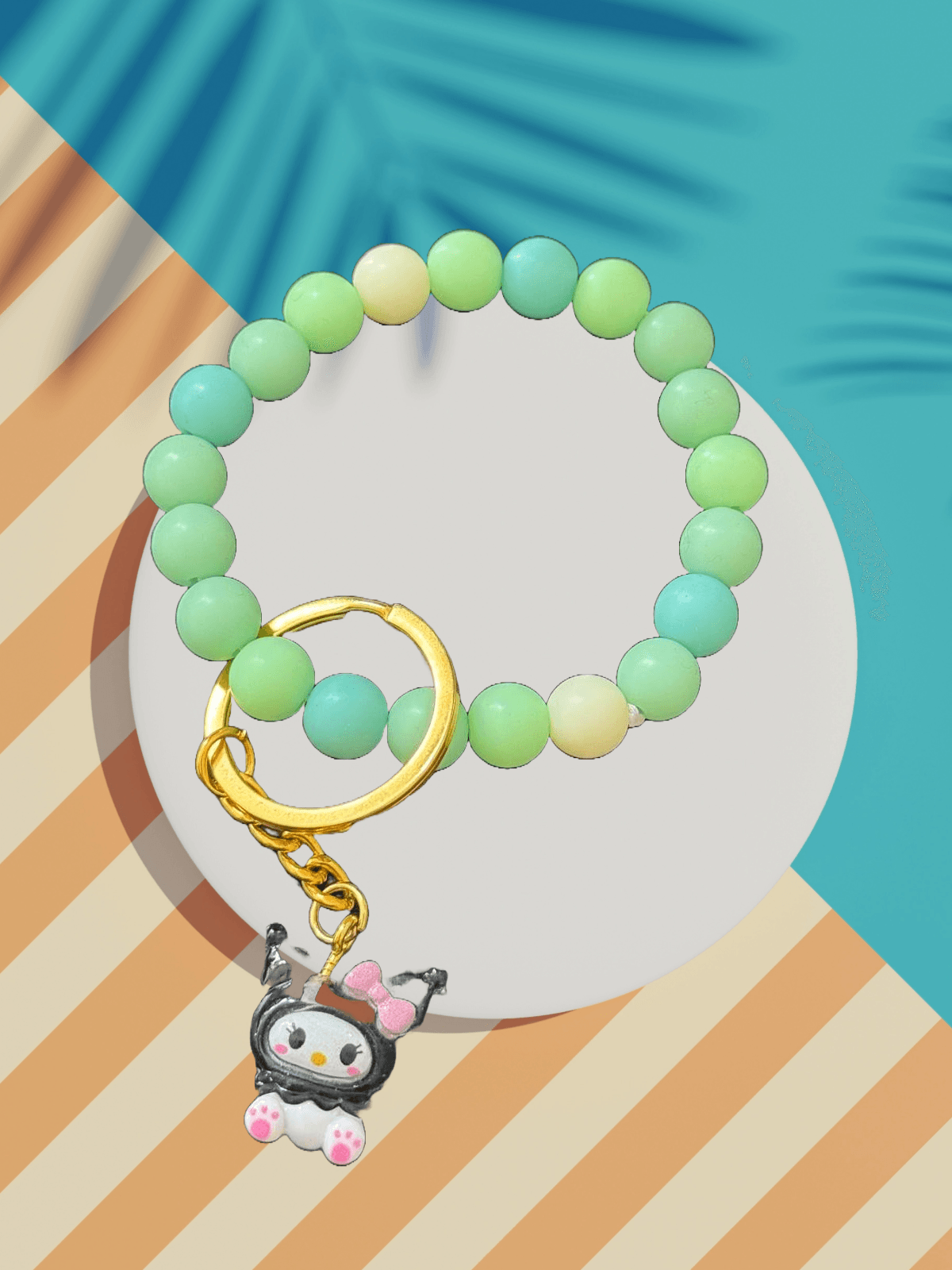 Mint Dream Kuromi-Inspired Beaded Keychain – Pastel Green Ombré Wristlet Charm