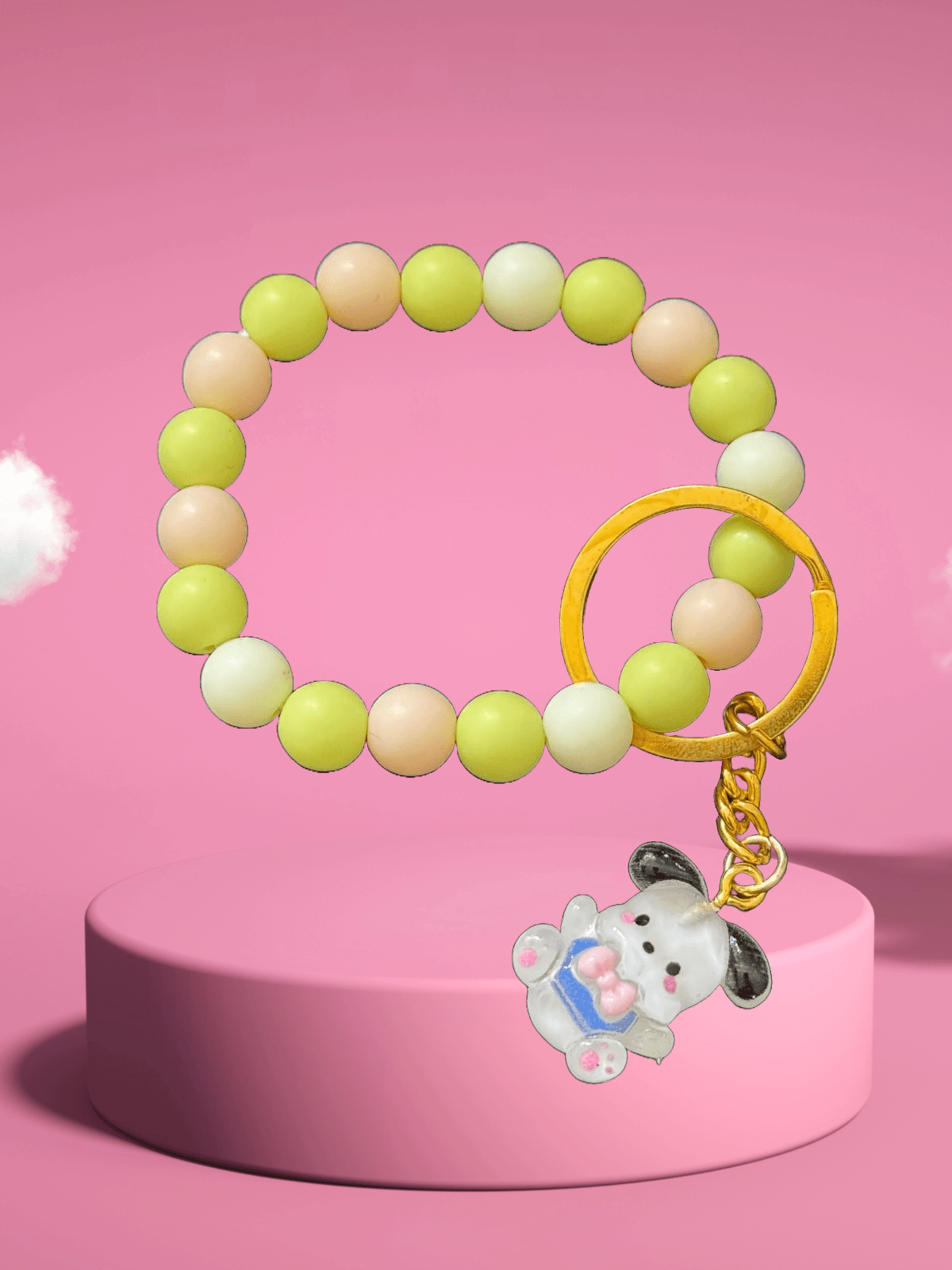 Pastel Paws Keychain – Pastel Yellow & Pink Beaded with Puppy Charm